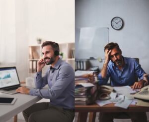 תמונה משולבת של בעל עסק מרוצה עם מערכת ניהול חכמה מול בעל עסק עמוס ומבולבל עם ניירות ומכשירים.