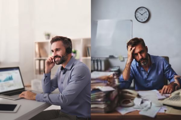 תמונה משולבת של בעל עסק מרוצה עם מערכת ניהול חכמה מול בעל עסק עמוס ומבולבל עם ניירות ומכשירים.