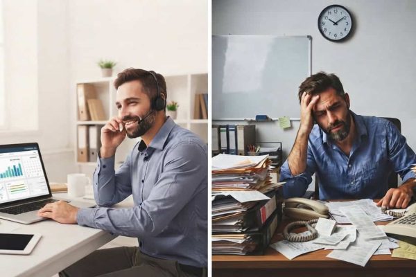 בעל עסק מרוצה עם מערכת ניהול חכמה לעומת עומס בעבודה.
